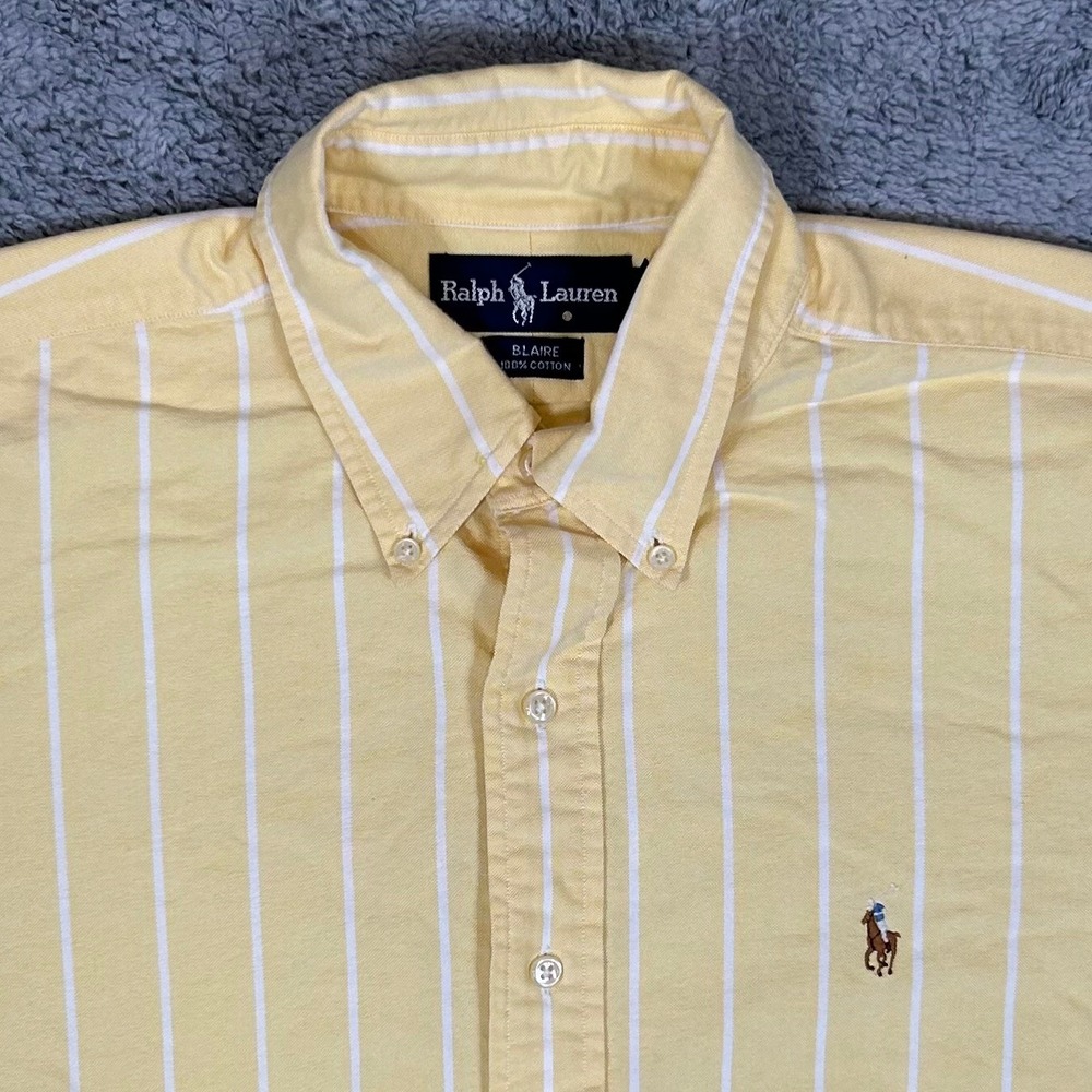 Ralph Lauren Blaire Mens Large Yellow White Striped Cotton Button Down Shirt